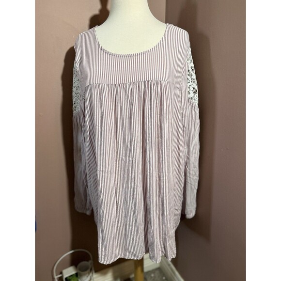 Lane Bryant Tops - Lane Bryant Long Sleeve Pull Over Top Womens Plus 22/24 Lace Insert Pink White